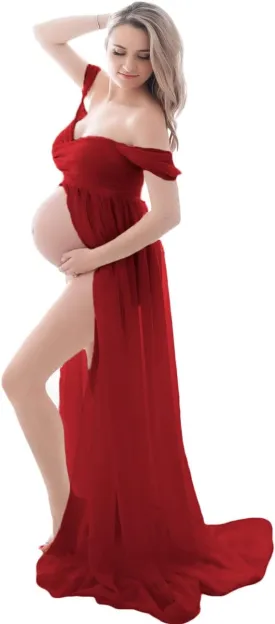 JustVH Maternity Dresses for Photoshoot Off Shoulder Chiffon Lace Gown Split Front Maxi Photography Dresses