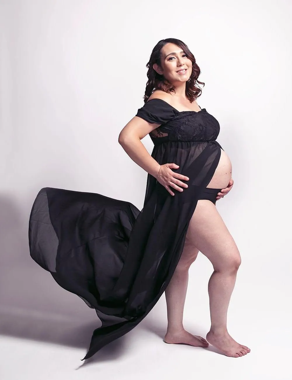JustVH Maternity Dresses for Photoshoot Off Shoulder Chiffon Lace Gown Split Front Maxi Photography Dresses