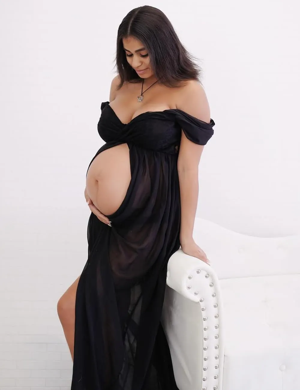JustVH Maternity Dresses for Photoshoot Off Shoulder Chiffon Lace Gown Split Front Maxi Photography Dresses