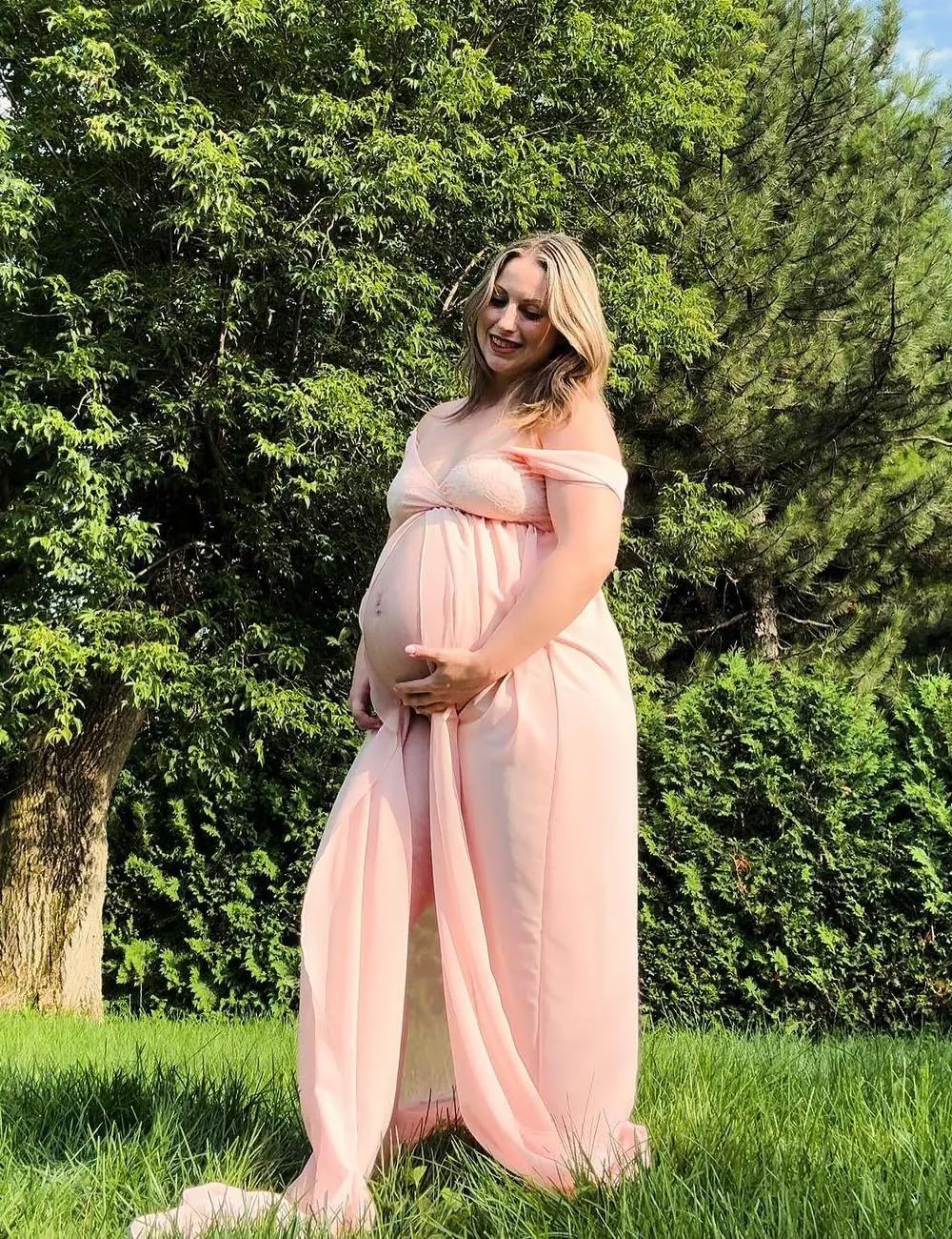 JustVH Maternity Dresses for Photoshoot Off Shoulder Chiffon Lace Gown Split Front Maxi Photography Dresses