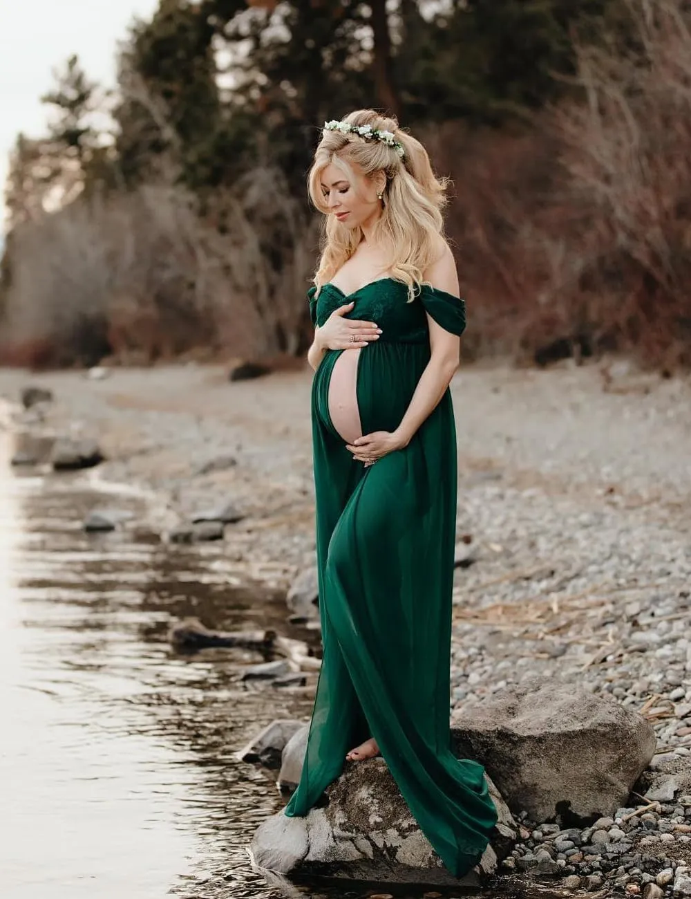 JustVH Maternity Dresses for Photoshoot Off Shoulder Chiffon Lace Gown Split Front Maxi Photography Dresses