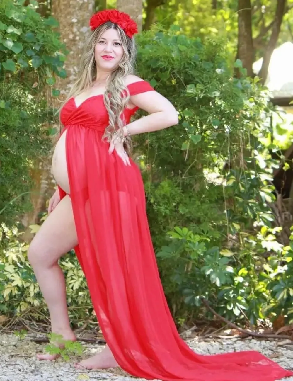 JustVH Maternity Dresses for Photoshoot Off Shoulder Chiffon Lace Gown Split Front Maxi Photography Dresses