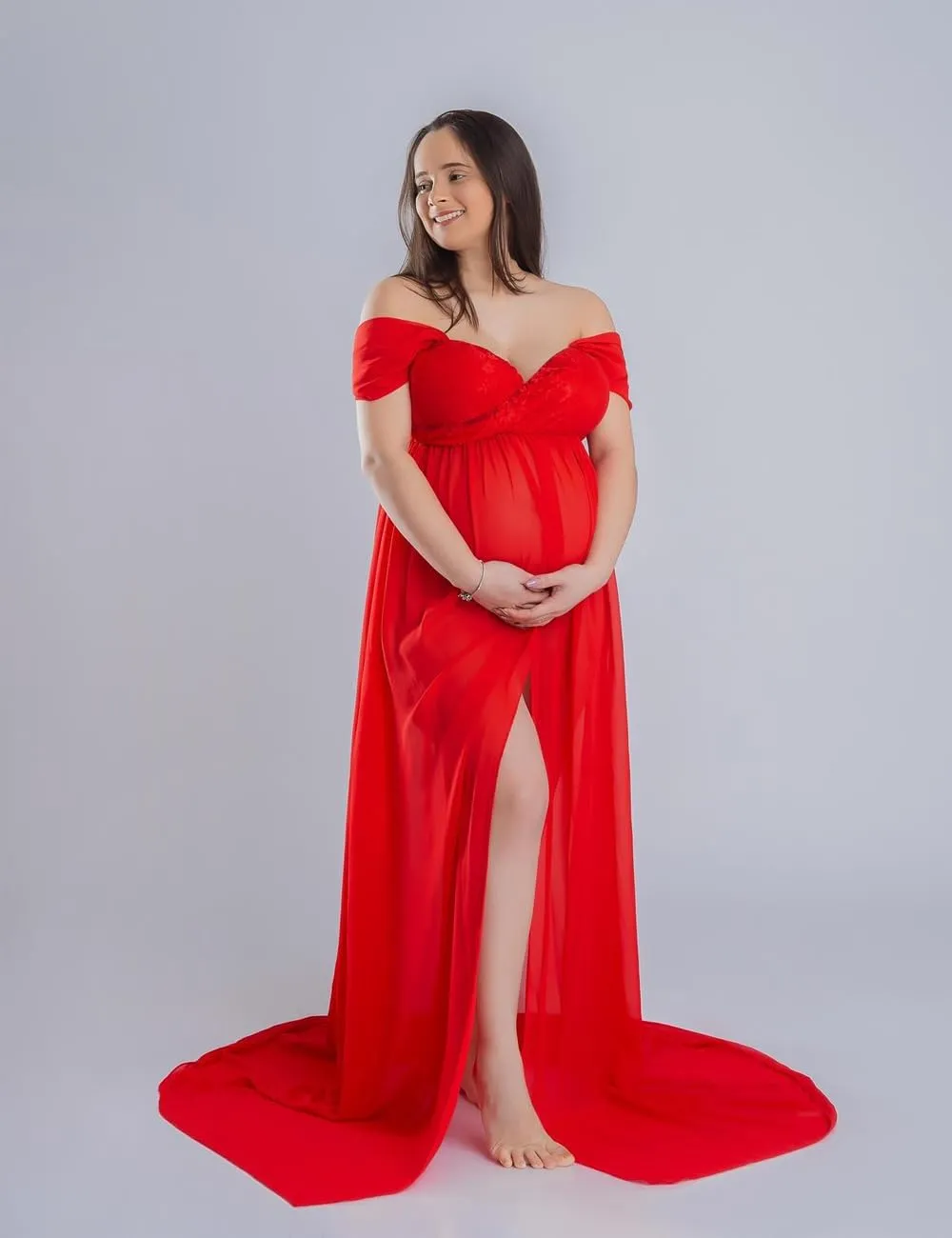 JustVH Maternity Dresses for Photoshoot Off Shoulder Chiffon Lace Gown Split Front Maxi Photography Dresses