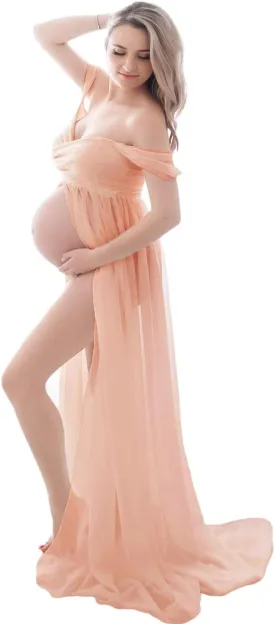 JustVH Maternity Dresses for Photoshoot Off Shoulder Chiffon Lace Gown Split Front Maxi Photography Dresses
