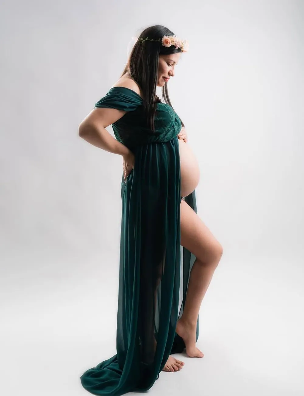 JustVH Maternity Dresses for Photoshoot Off Shoulder Chiffon Lace Gown Split Front Maxi Photography Dresses