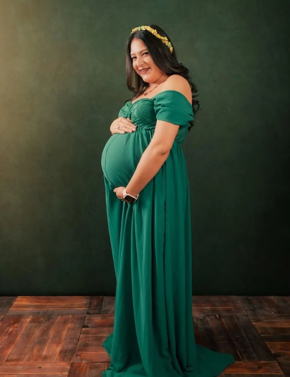 JustVH Maternity Dresses for Photoshoot Off Shoulder Chiffon Lace Gown Split Front Maxi Photography Dresses
