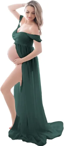 JustVH Maternity Dresses for Photoshoot Off Shoulder Chiffon Lace Gown Split Front Maxi Photography Dresses