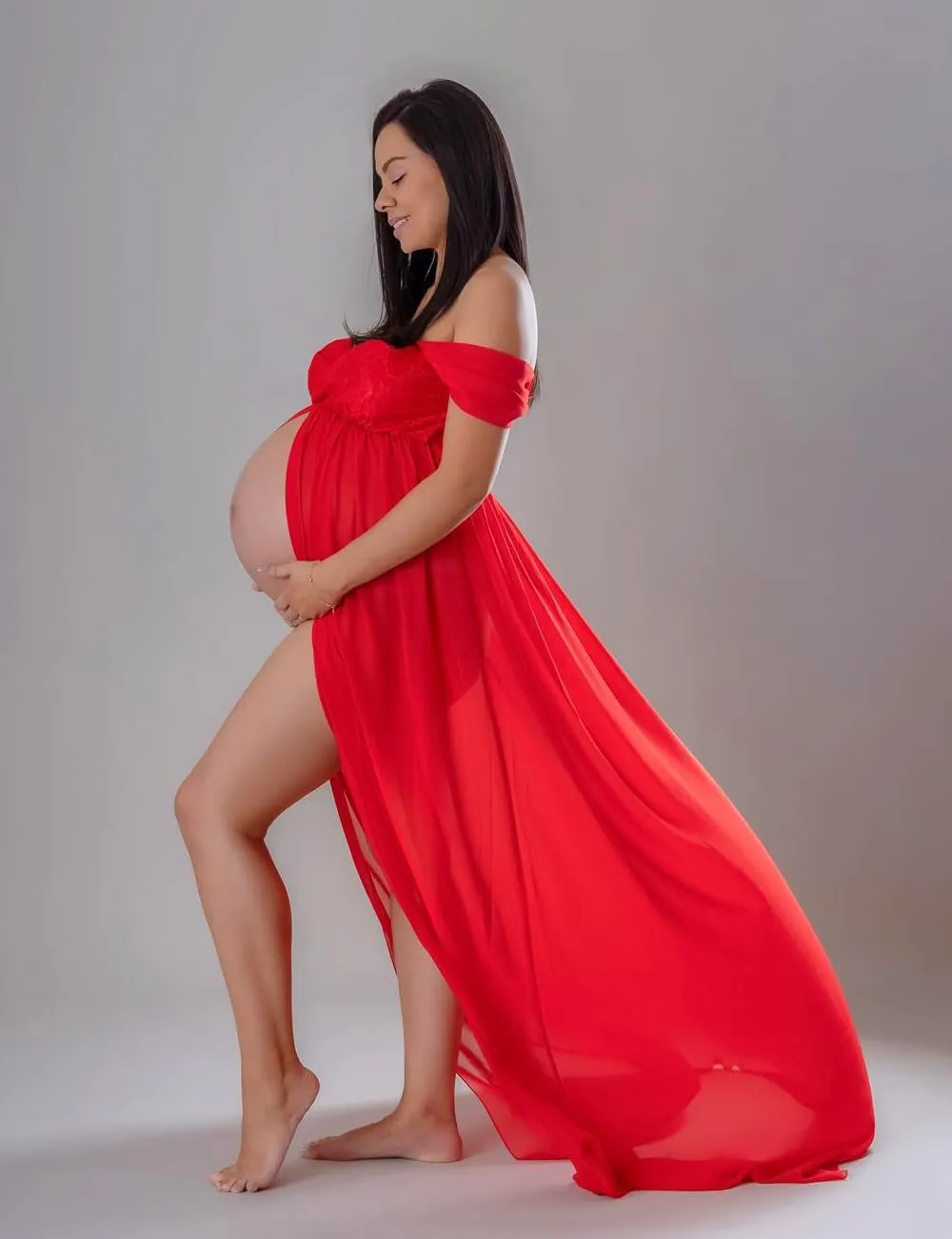 JustVH Maternity Dresses for Photoshoot Off Shoulder Chiffon Lace Gown Split Front Maxi Photography Dresses