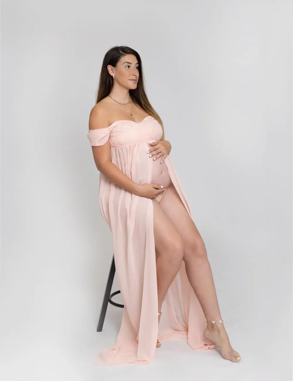 JustVH Maternity Dresses for Photoshoot Off Shoulder Chiffon Lace Gown Split Front Maxi Photography Dresses
