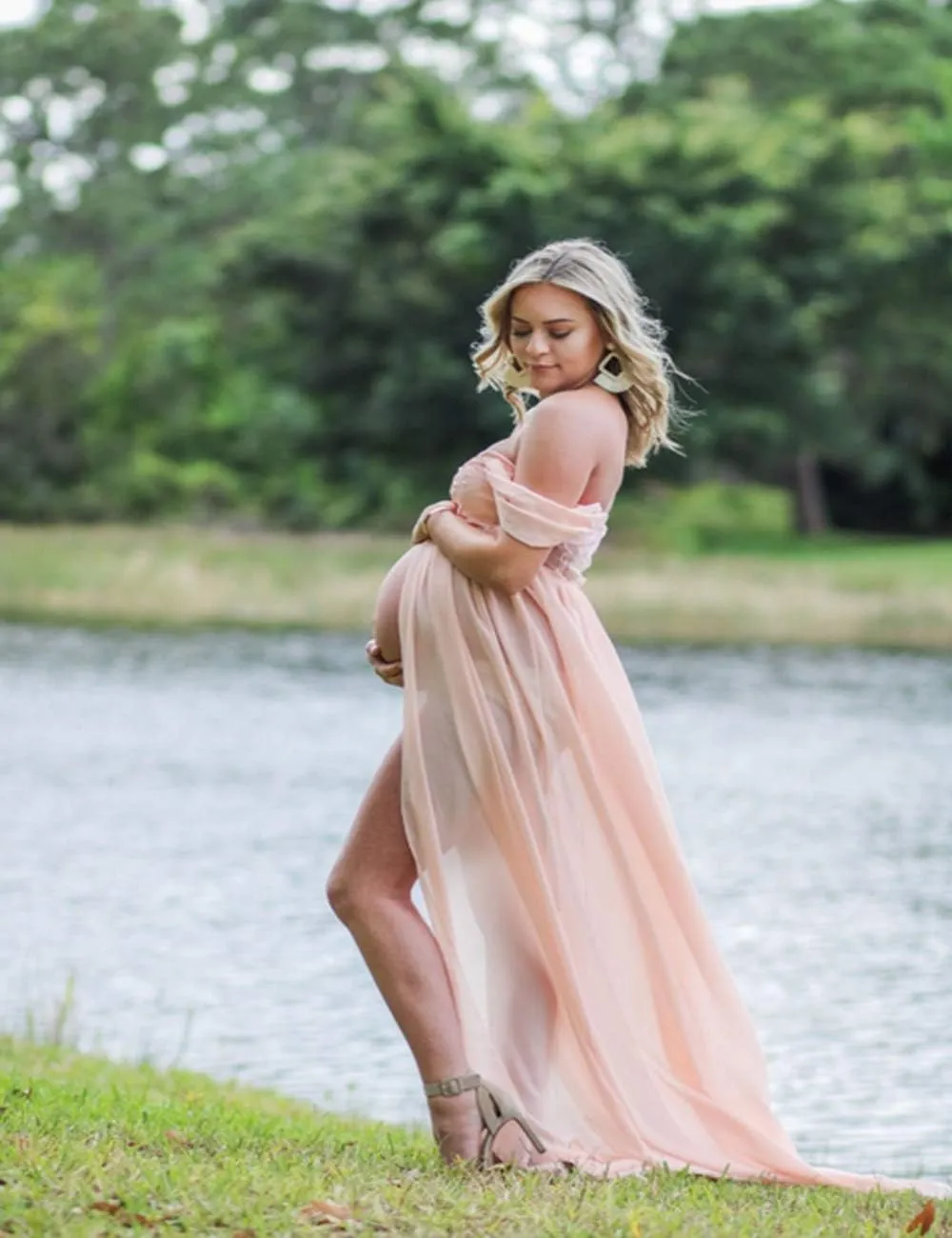 JustVH Maternity Dresses for Photoshoot Off Shoulder Chiffon Lace Gown Split Front Maxi Photography Dresses