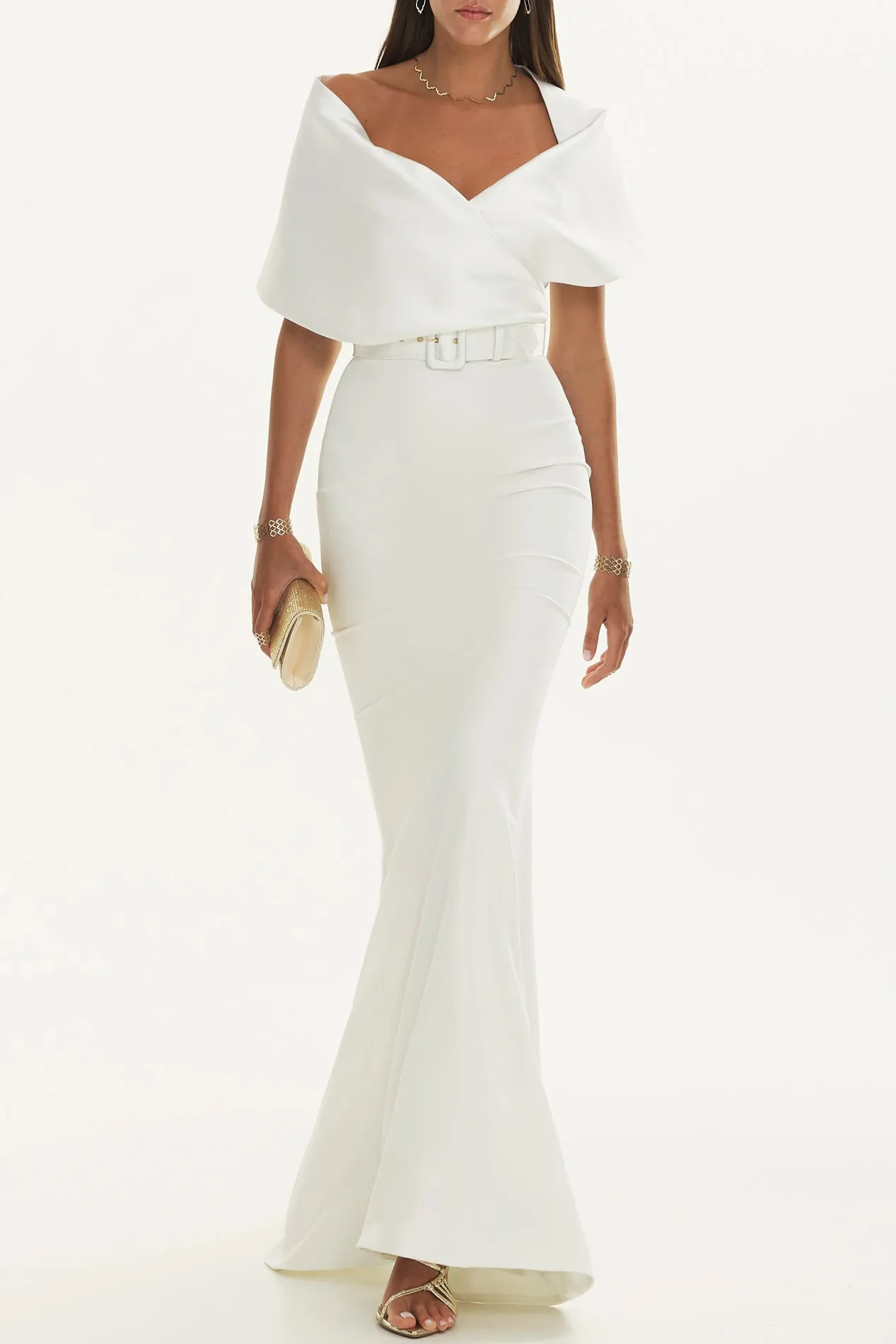 Kavya Ivory Mikado And Crepe Long Dress