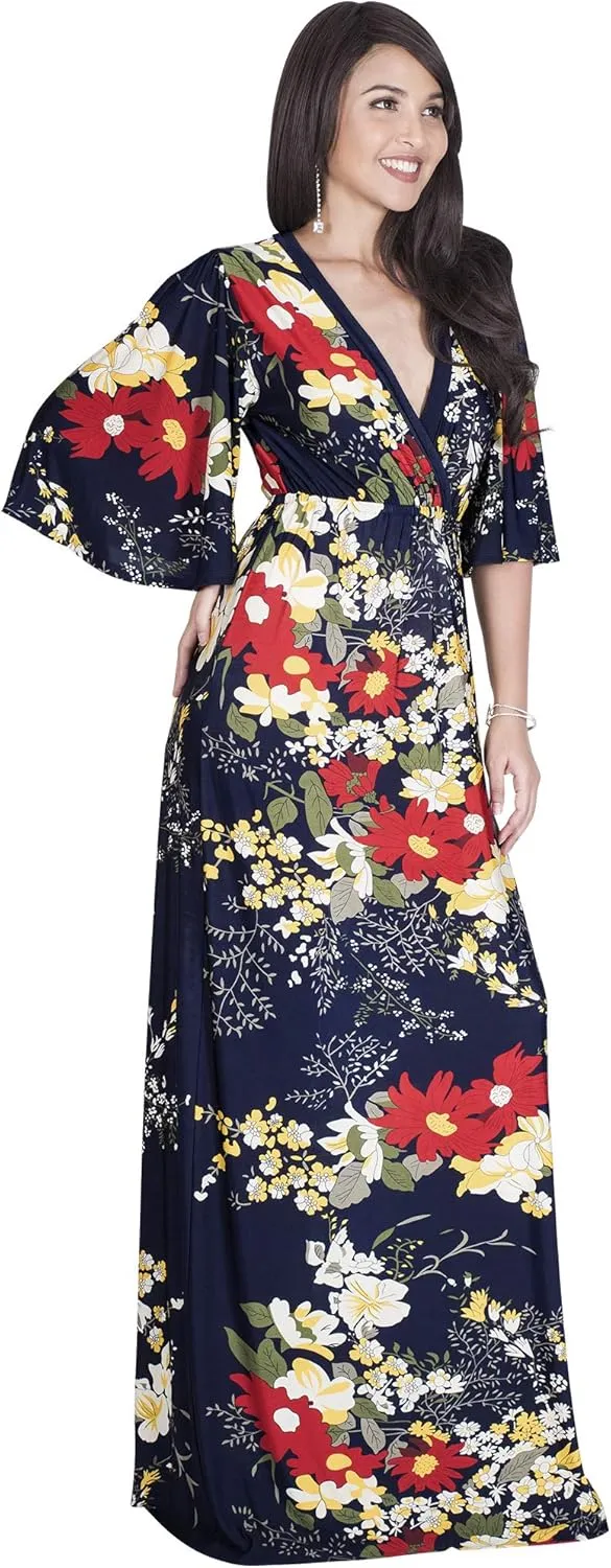 KOH KOH Womens 2025 Long 3/4 Sleeve V Neck Bohemian Print Flowy Maxi Dress Gown