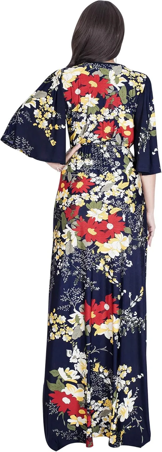 KOH KOH Womens 2025 Long 3/4 Sleeve V Neck Bohemian Print Flowy Maxi Dress Gown