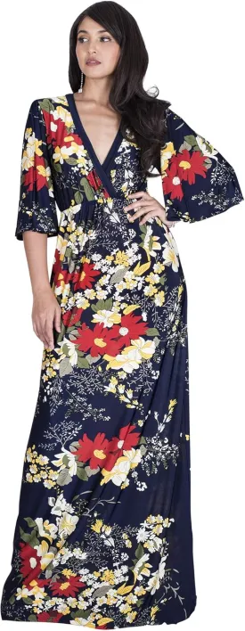KOH KOH Womens 2025 Long 3/4 Sleeve V Neck Bohemian Print Flowy Maxi Dress Gown