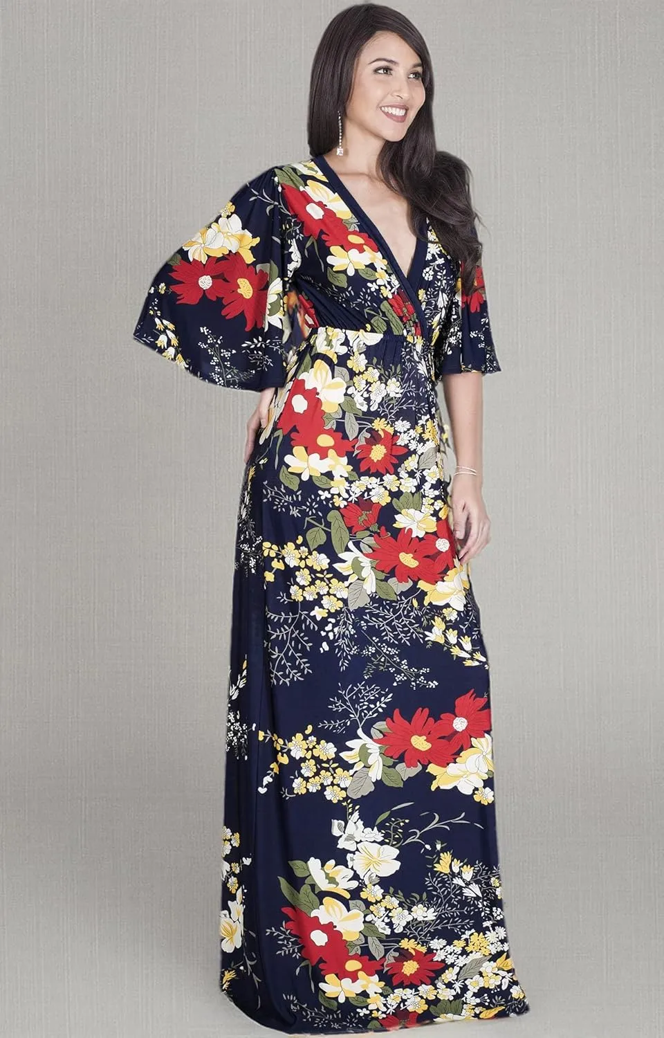KOH KOH Womens 2025 Long 3/4 Sleeve V Neck Bohemian Print Flowy Maxi Dress Gown