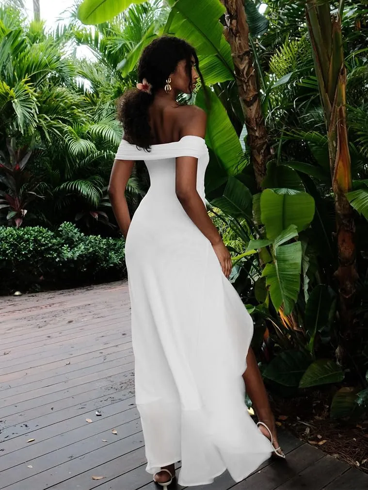 LAGSHIAN Women's Sexy Formal Off Shoulder Sleeveless High Split Ruffle Evening Party Maxi Dress