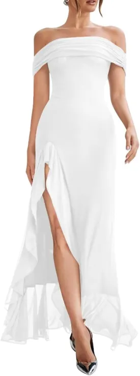 LAGSHIAN Women's Sexy Formal Off Shoulder Sleeveless High Split Ruffle Evening Party Maxi Dress