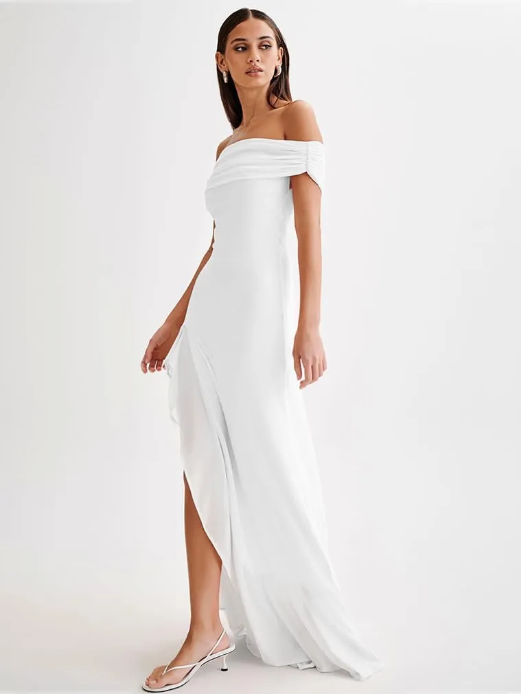 LAGSHIAN Women's Sexy Formal Off Shoulder Sleeveless High Split Ruffle Evening Party Maxi Dress