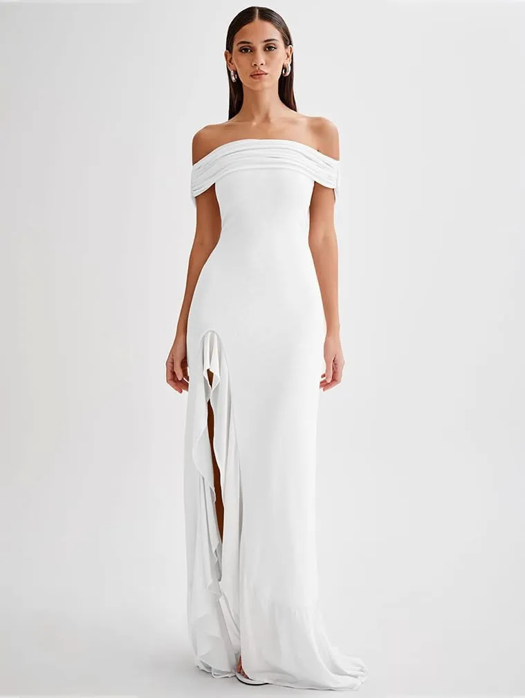 LAGSHIAN Women's Sexy Formal Off Shoulder Sleeveless High Split Ruffle Evening Party Maxi Dress