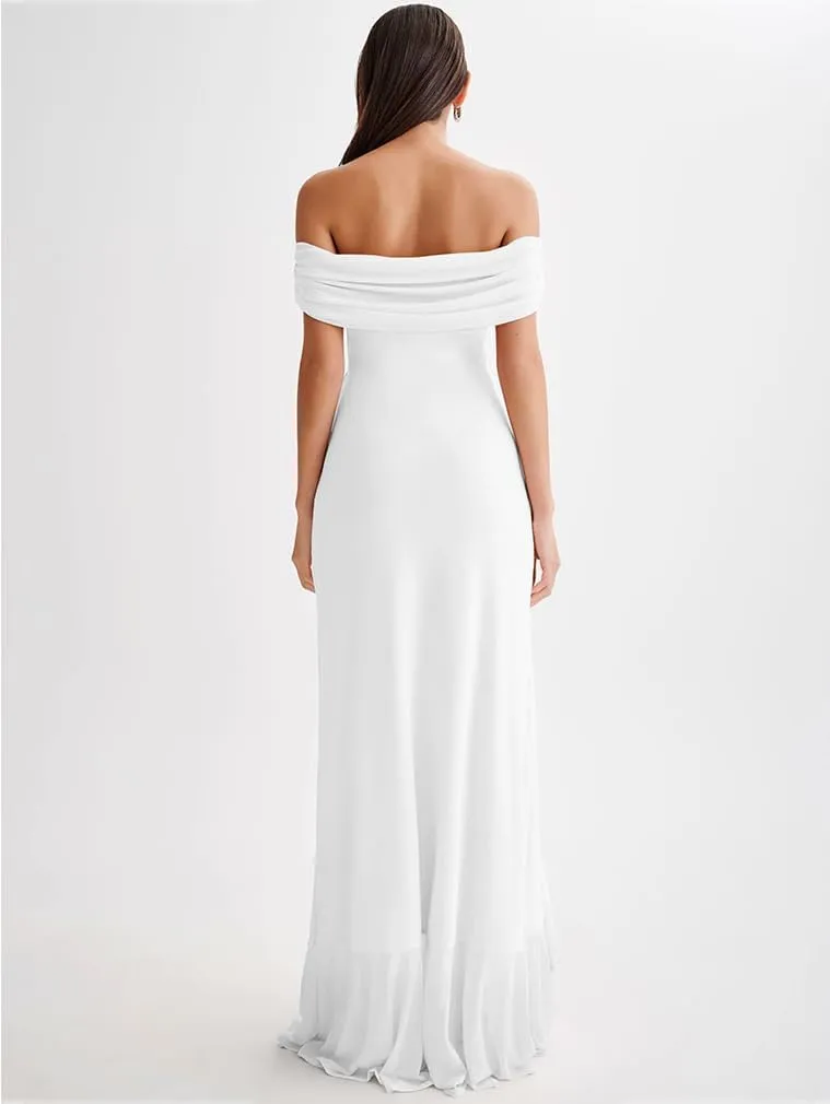 LAGSHIAN Women's Sexy Formal Off Shoulder Sleeveless High Split Ruffle Evening Party Maxi Dress