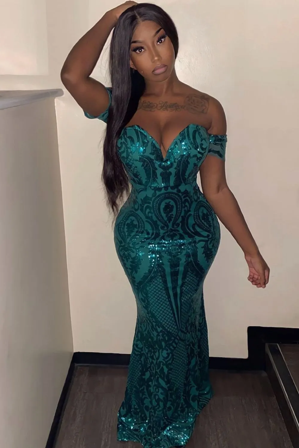 Lovestruck Emerald Green Luxe Sweetheart Off Shoulder Sequin Fishtail Dress