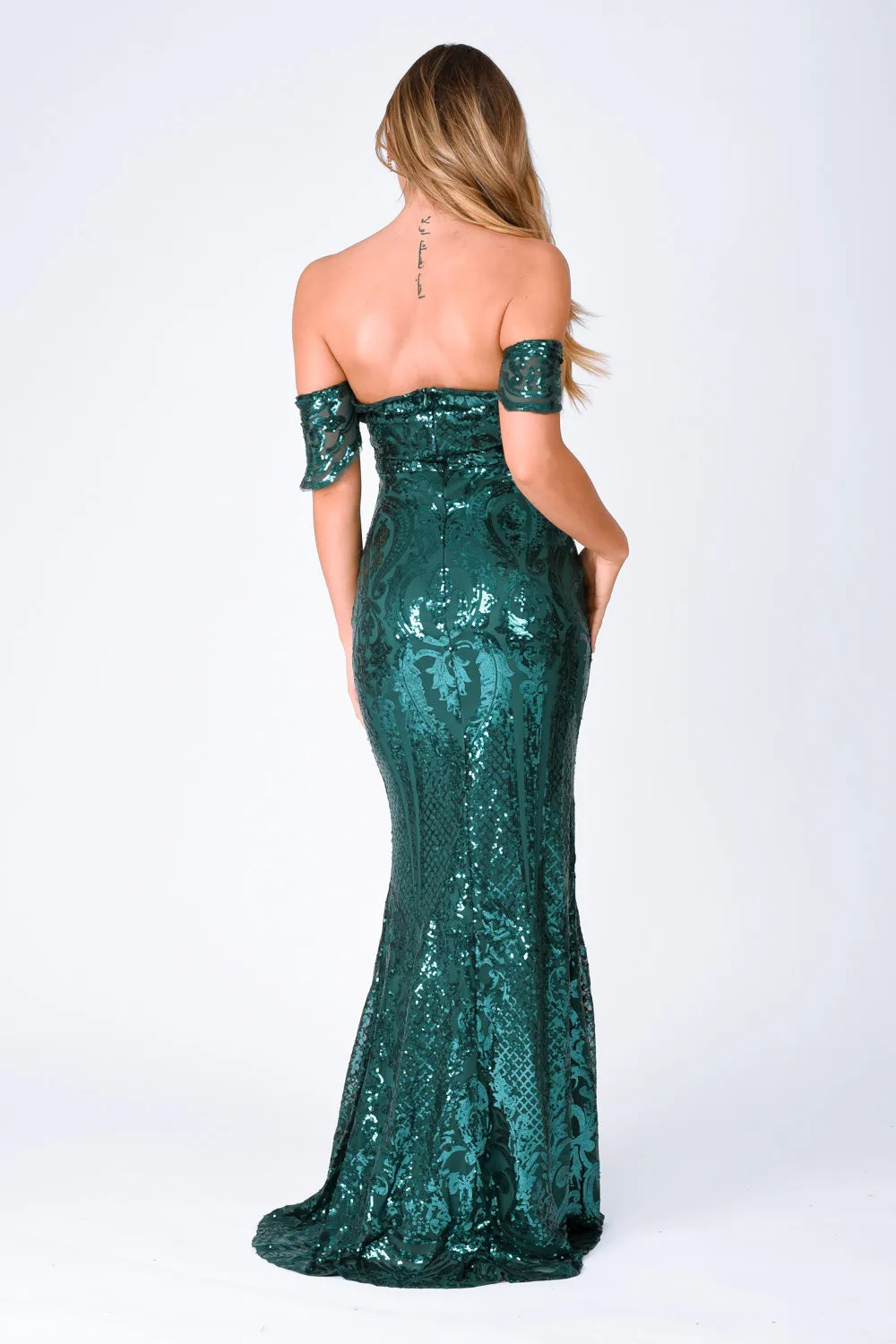 Lovestruck Emerald Green Luxe Sweetheart Off Shoulder Sequin Fishtail Dress