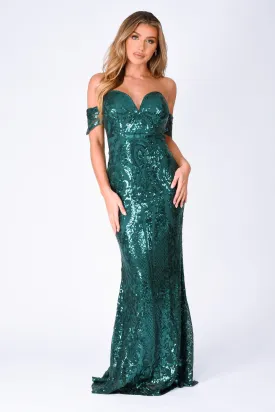 Lovestruck Emerald Green Luxe Sweetheart Off Shoulder Sequin Fishtail Dress