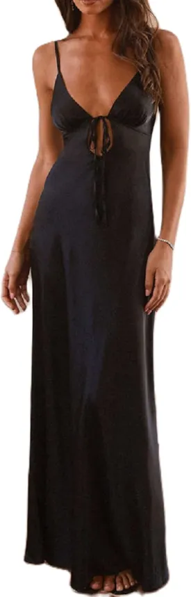 Luckinbaby Women Y2k Spaghetti Strap Maxi Dress V Neck Tie Front Cutout Long Cami Dress Backless Party Wedding Dress