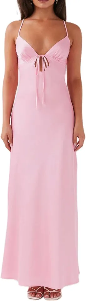 Luckinbaby Women Y2k Spaghetti Strap Maxi Dress V Neck Tie Front Cutout Long Cami Dress Backless Party Wedding Dress
