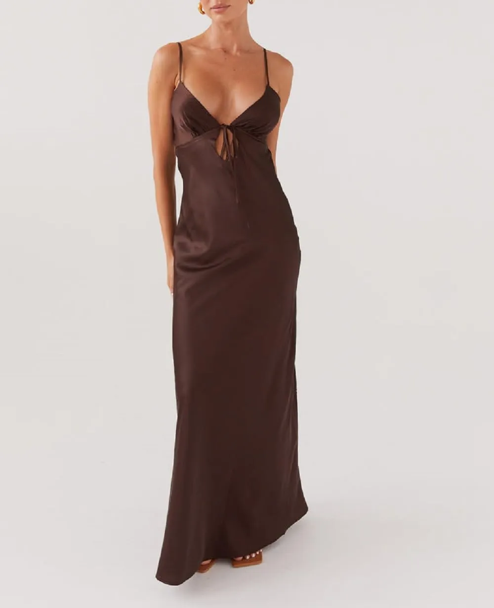 Luckinbaby Women Y2k Spaghetti Strap Maxi Dress V Neck Tie Front Cutout Long Cami Dress Backless Party Wedding Dress