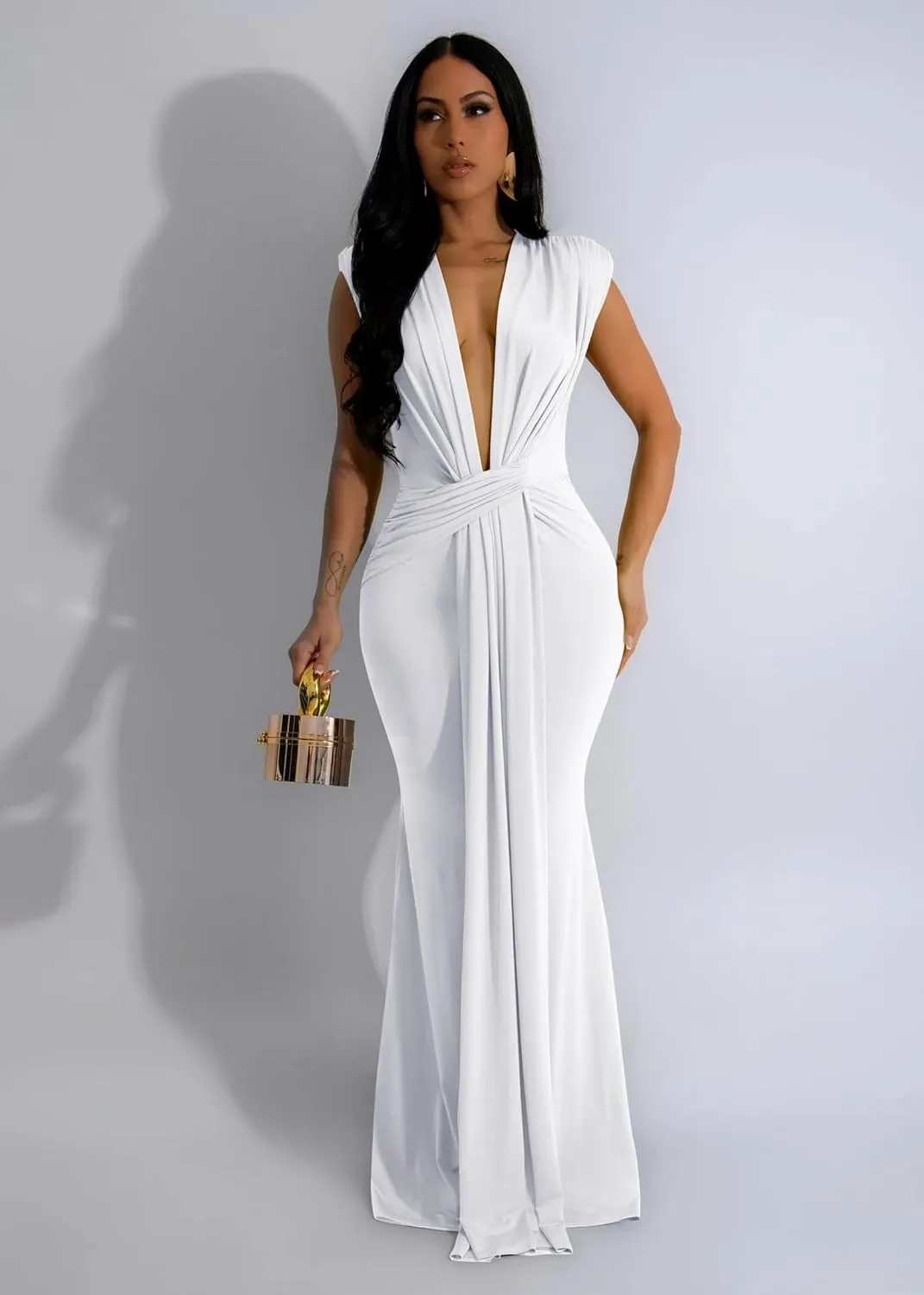 Memoriesea Women's Elegant Sleeveless Deep V Neck Bodycon Party Evening Gown Maxi Dress