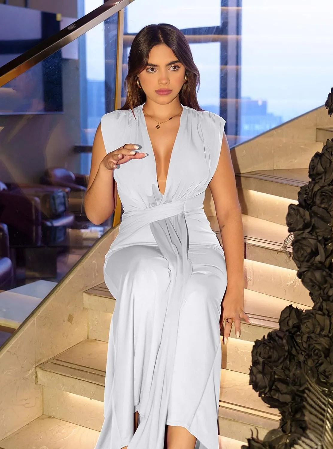 Memoriesea Women's Elegant Sleeveless Deep V Neck Bodycon Party Evening Gown Maxi Dress