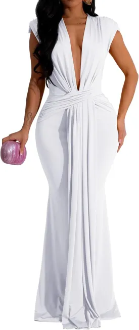 Memoriesea Women's Elegant Sleeveless Deep V Neck Bodycon Party Evening Gown Maxi Dress