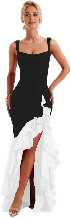Mermaid Long Prom Dresses for Women Ruffle Formal Evening Party Gown with Slit