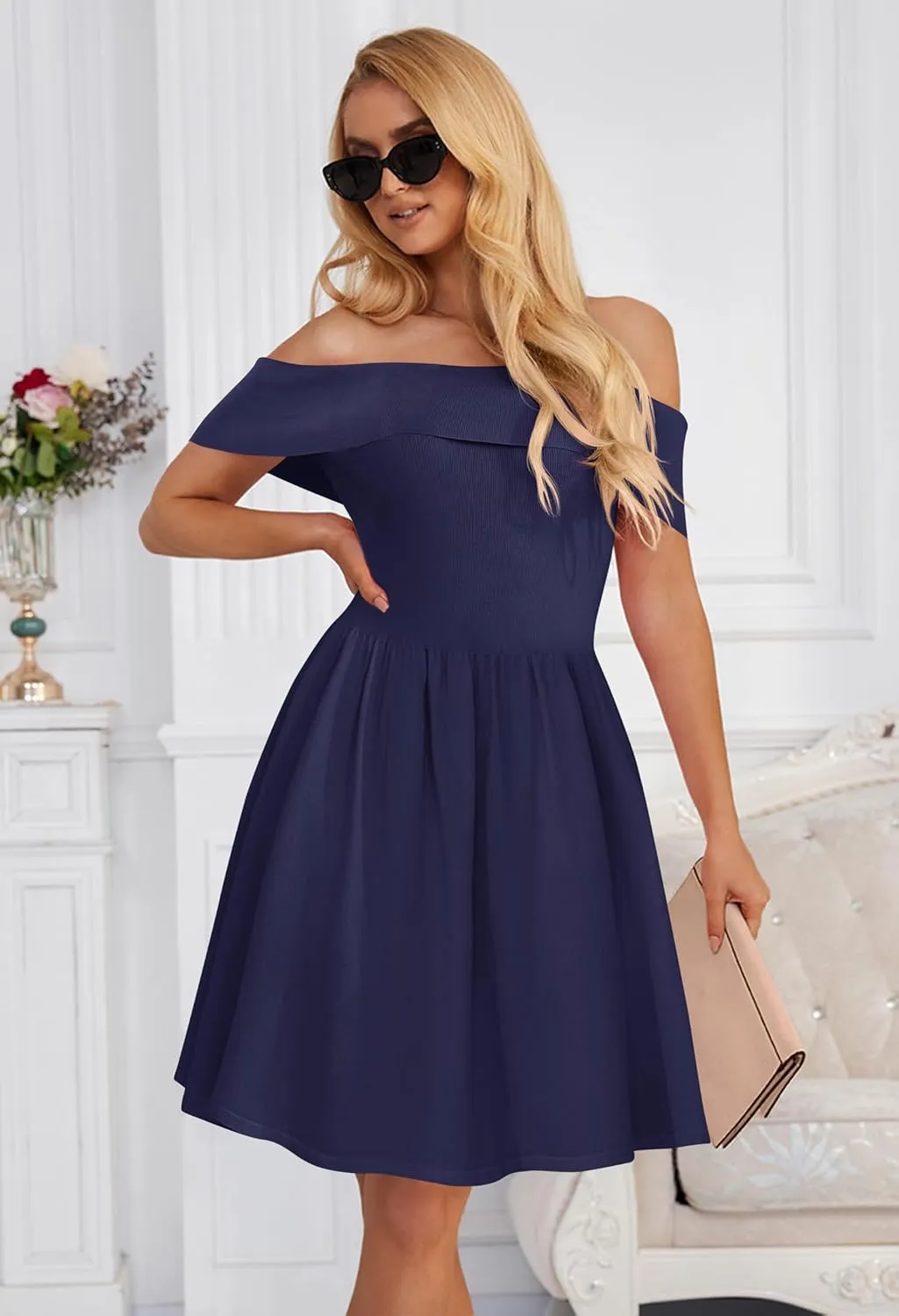 MEROKEETY Women's Summer Off Shoulder Mini Dresses 2025 Ruffle A Line Cocktail Party Knit Dress