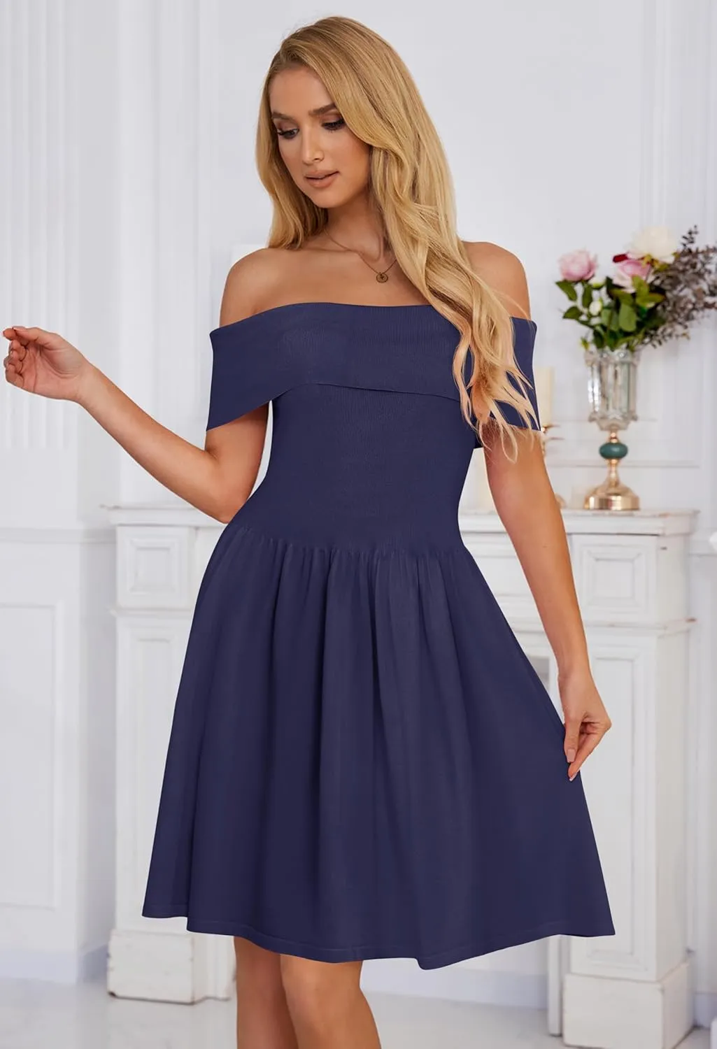 MEROKEETY Women's Summer Off Shoulder Mini Dresses 2025 Ruffle A Line Cocktail Party Knit Dress