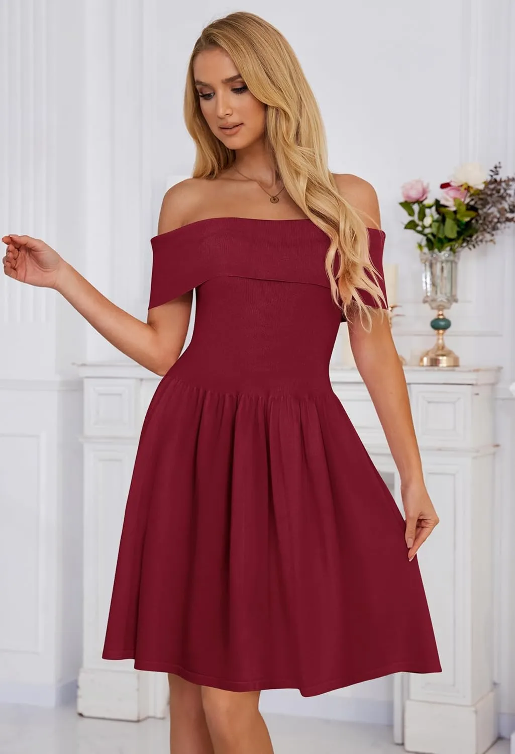 MEROKEETY Women's Summer Off Shoulder Mini Dresses 2025 Ruffle A Line Cocktail Party Knit Dress