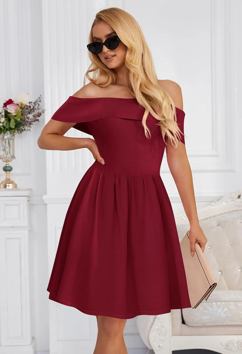 MEROKEETY Women's Summer Off Shoulder Mini Dresses 2025 Ruffle A Line Cocktail Party Knit Dress