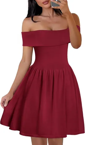 MEROKEETY Women's Summer Off Shoulder Mini Dresses 2025 Ruffle A Line Cocktail Party Knit Dress