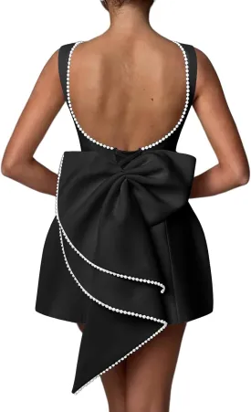 Mini Prom Dress Pearl Satin Evening Dress with Bow Backless Bodycon Formal Party Gowns