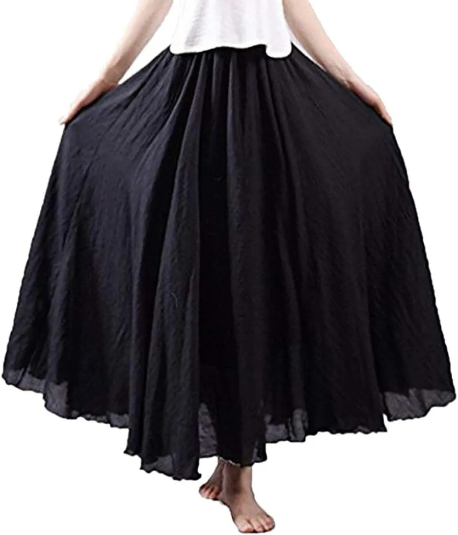NREALY Falda Women's 3/4 Bohemian Style Elastic Waist Band Cotton Linen Long Maxi Dress Skirt