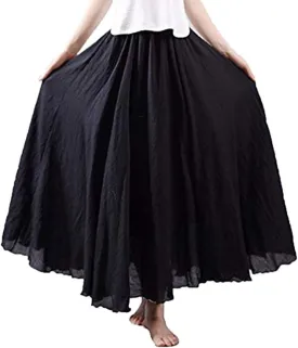 NREALY Falda Women's 3/4 Bohemian Style Elastic Waist Band Cotton Linen Long Maxi Dress Skirt