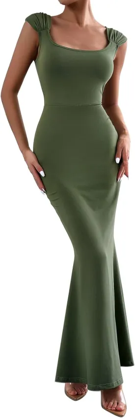 OBEEII Women Bodycon Maxi Dress Sexy Square Neck Lounge Long Dress Elegant Cap Sleeve Slim Fit Mermaid Hem Evening Dress