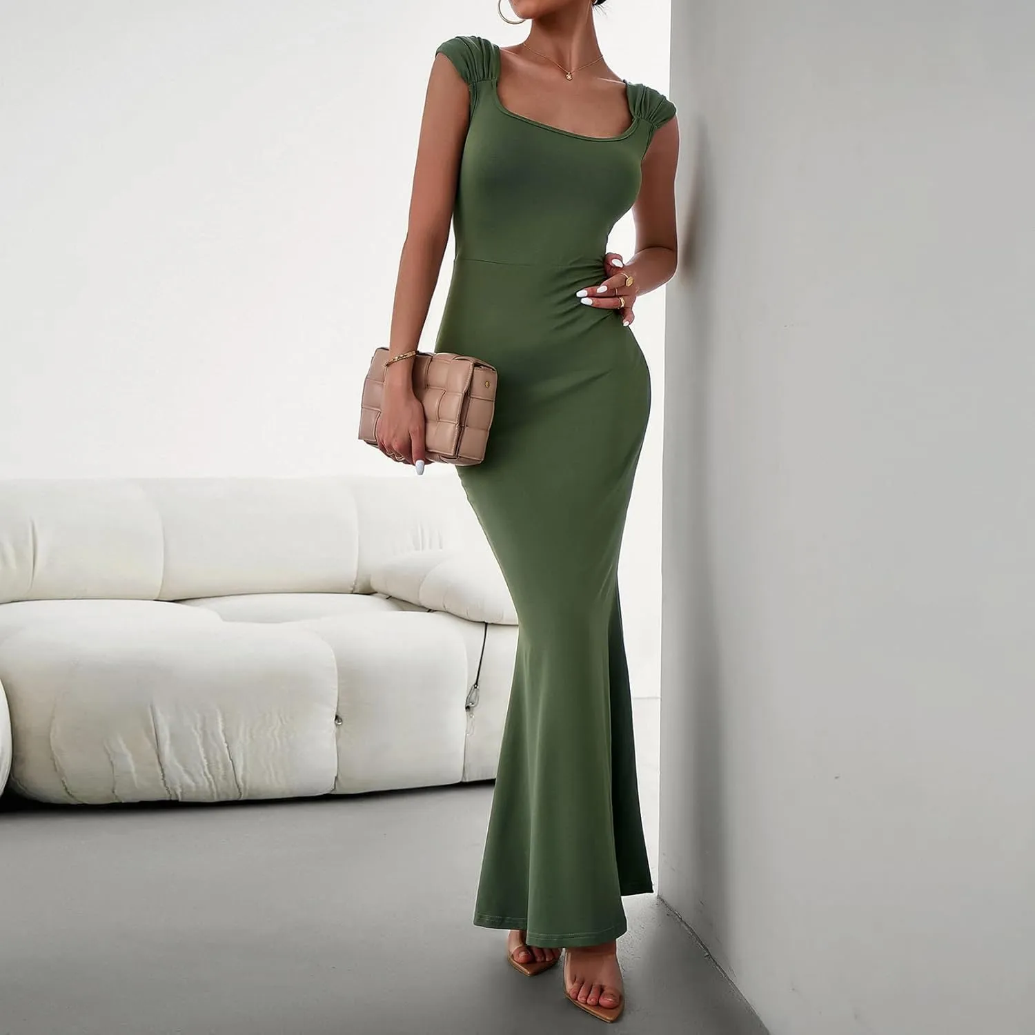 OBEEII Women Bodycon Maxi Dress Sexy Square Neck Lounge Long Dress Elegant Cap Sleeve Slim Fit Mermaid Hem Evening Dress