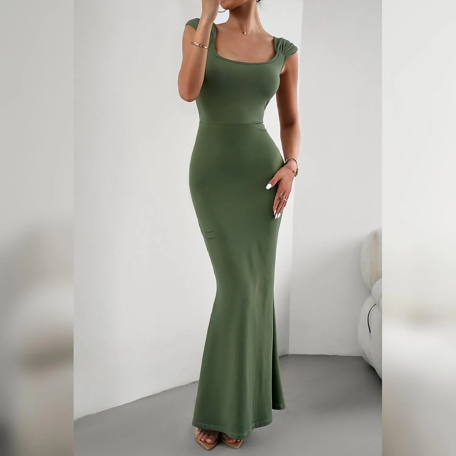 OBEEII Women Bodycon Maxi Dress Sexy Square Neck Lounge Long Dress Elegant Cap Sleeve Slim Fit Mermaid Hem Evening Dress