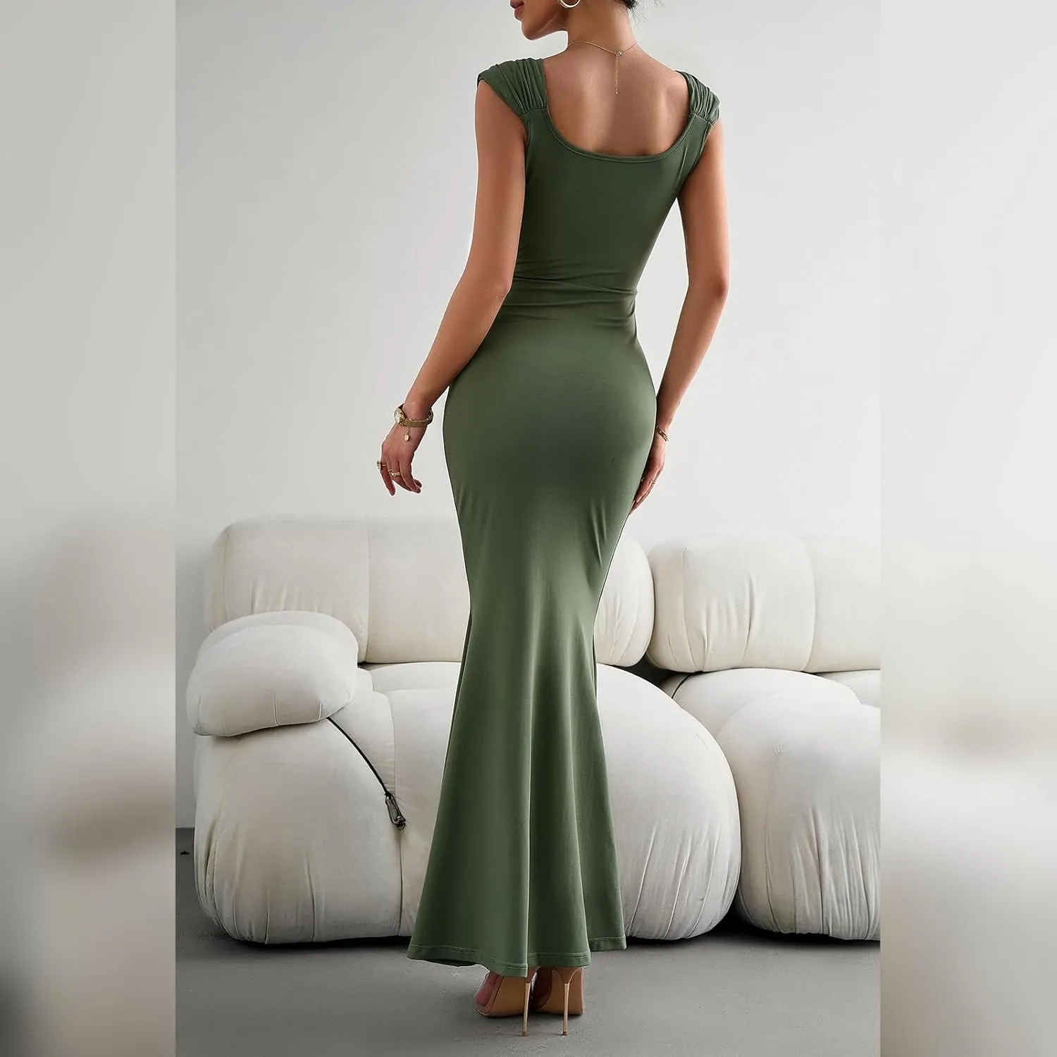 OBEEII Women Bodycon Maxi Dress Sexy Square Neck Lounge Long Dress Elegant Cap Sleeve Slim Fit Mermaid Hem Evening Dress