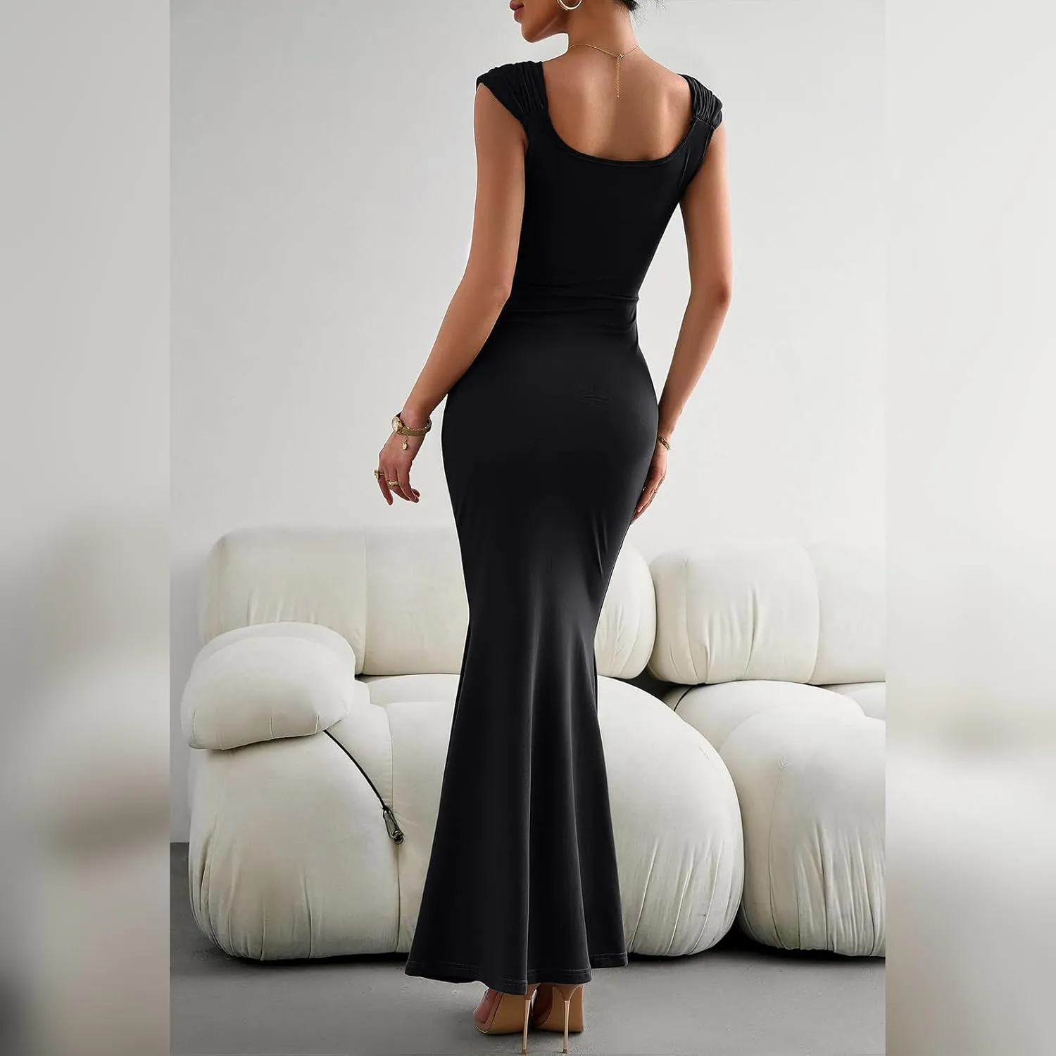 OBEEII Women Bodycon Maxi Dress Sexy Square Neck Lounge Long Dress Elegant Cap Sleeve Slim Fit Mermaid Hem Evening Dress