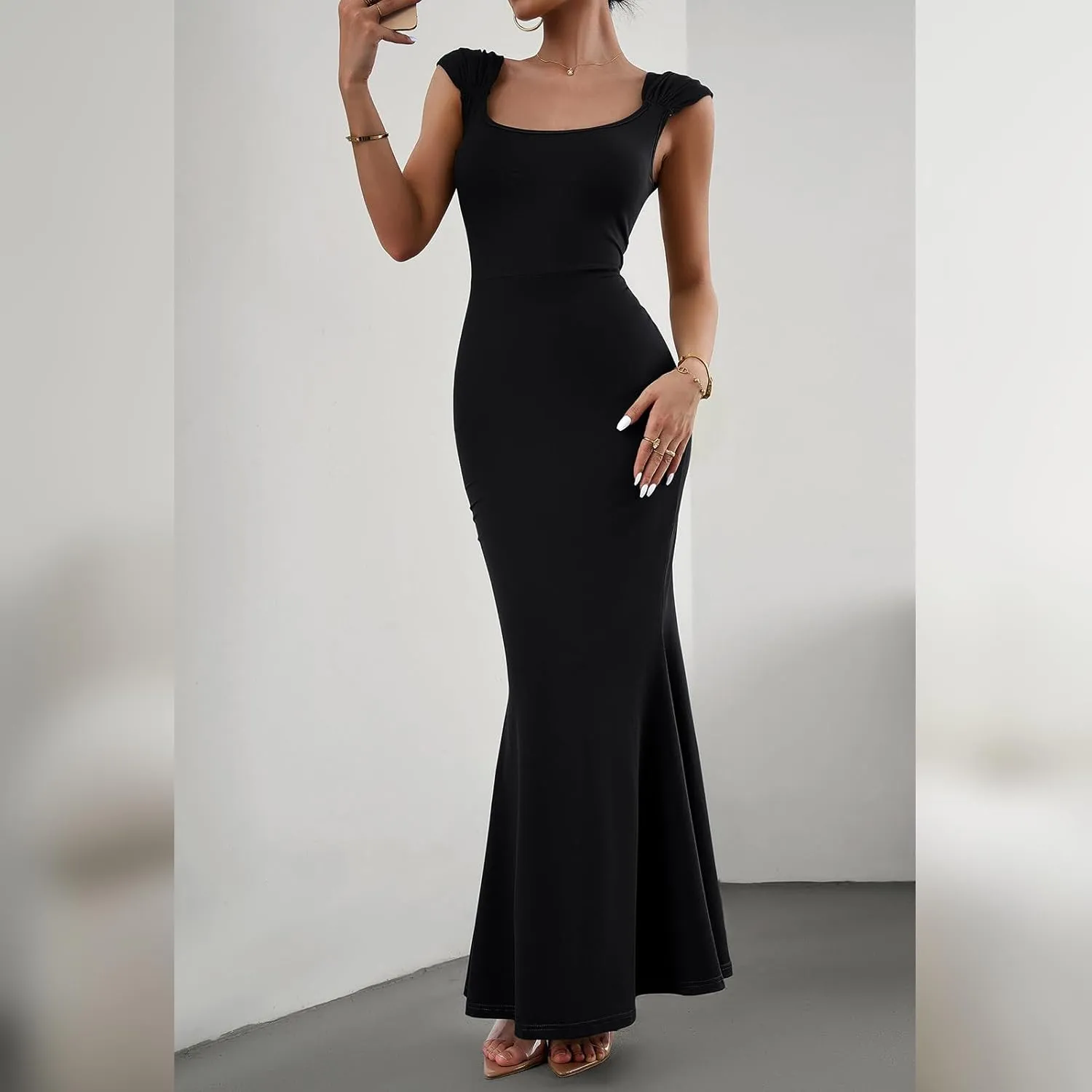 OBEEII Women Bodycon Maxi Dress Sexy Square Neck Lounge Long Dress Elegant Cap Sleeve Slim Fit Mermaid Hem Evening Dress