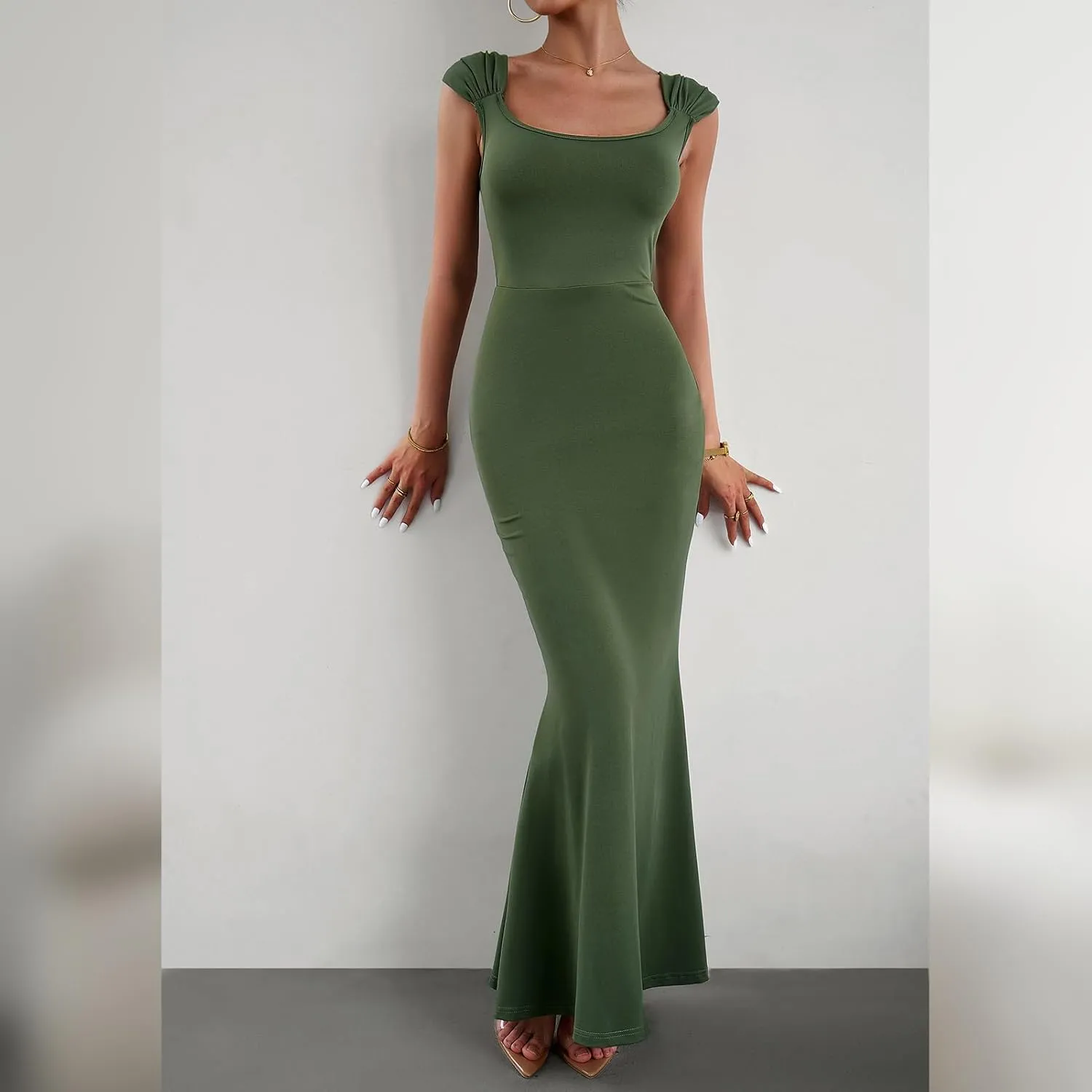 OBEEII Women Bodycon Maxi Dress Sexy Square Neck Lounge Long Dress Elegant Cap Sleeve Slim Fit Mermaid Hem Evening Dress