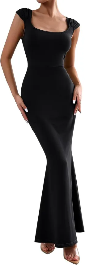 OBEEII Women Bodycon Maxi Dress Sexy Square Neck Lounge Long Dress Elegant Cap Sleeve Slim Fit Mermaid Hem Evening Dress